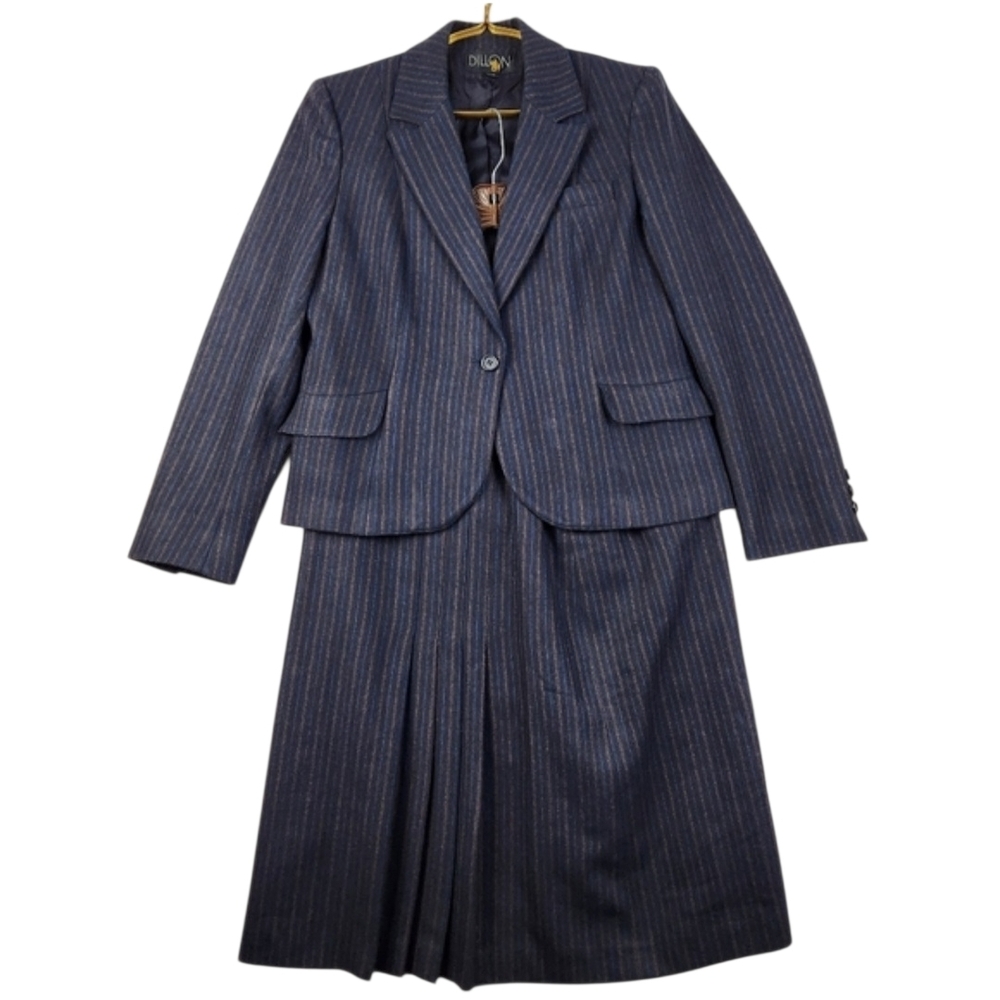 VTG 80s Dillion Womens 11/12 Navy Pinstripe Wool Blend 2 Pc Skirt Suit